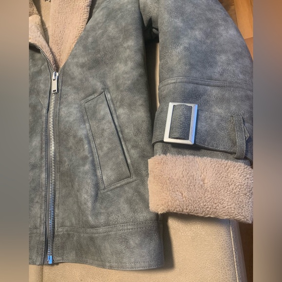 Missguided Womens Cloud Gray Faux Leather Fur Biker Aviator Jacket Coat Size 4 - Picture 2 of 8